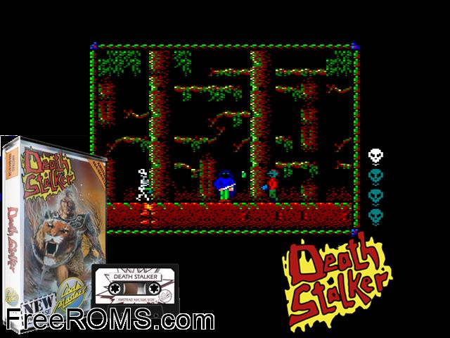 Death Stalker (UK) (1988) [h1] Amstrad CPC game showing 3D box cover and gameplay screenshot